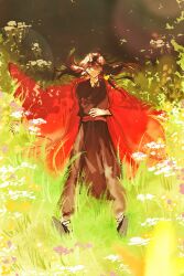 1boy bandaged_ankle bandaged_arm bandages black_hair black_hanfu black_nails black_shoes ch189615 chinese_clothes chinese_commentary closed_mouth coat dao_gui_yi_xian field flower from_above full_body grass hair_down hand_on_own_stomach hanfu highres li_huowang long_hair long_sleeves looking_at_viewer lying male_focus nail_polish on_back on_grass outdoors red_coat red_eyes red_sash robe sash scar scar_on_neck shoes solo sunlight wide_sleeves