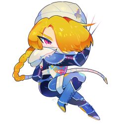 1girl blonde_hair blue_footwear braid chibi chibi_only hair_over_one_eye knife looking_at_viewer nintendo red_eyes sheik sheikah simple_background solo the_legend_of_zelda the_legend_of_zelda:_ocarina_of_time throwing_knife weapon white_background white_turban yasaikakiage