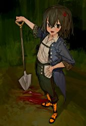Rule 34 | 1boy, bad id, bad twitter id, black hair, black pants, black sandals, blood, blood on ground, blue coat, blush, brown eyes, coat, crossed bangs, fang, haaksik, hair between eyes, hair ornament, hand on own hip, highres, holding, holding shovel, looking at viewer, male focus, mashiro meme, mashiro meme (1st costume), nijisanji, open clothes, open coat, open mouth, orange legwear, orange sandals, outdoors, pants, sandals, short sleeves, shovel, skin fang, solo, standing, suspenders, virtual youtuber