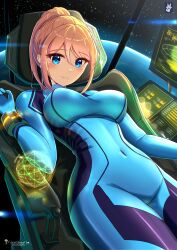 1girl absurdres blonde_hair blue_bodysuit blue_eyes bodysuit breasts chinchongcha commentary covered_navel english_commentary groin highres holographic_interface looking_at_viewer metroid mole mole_under_mouth monitor nintendo planet ponytail samus_aran sidelocks skin_tight sky solo space spacecraft_interior star_(sky) starry_sky zero_suit