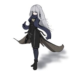 Rule 34 | 109kpm, 1girl, absurdres, ankle boots, bkornblume, black boots, black coat, black dress, black gloves, black pantyhose, blue eyes, blue scarf, boots, coat, dress, full body, gloves, grey hair, gun, handgun, highres, holding, holding gun, holding weapon, long hair, long sleeves, looking at viewer, medium dress, pantyhose, reverse:1999, scarf, shadow, solo, standing, two-handed, very long hair, weapon, white background