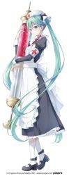1girl apron aqua_eyes black_shoes closed_mouth copyright_notice full_body glasses hat hatsune_miku highres holding holding_syringe maid matsuuni nurse nurse_cap official_alternate_costume official_art shoes simple_background smile socks solo syringe vocaloid white_apron white_background white_socks