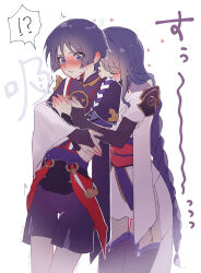 Rule 34 | !?, 1boy, 1girl, absurdres, armor, black bridal gauntlets, blunt bangs, blunt ends, blush, bodysuit, bridal gauntlets, closed eyes, ear blush, embarrassed, facing another, genshin impact, gold, gold trim, grey trim, hair tie, hand on another&#039;s hand, hands on another&#039;s chest, heart, highres, hug, hug from behind, japanese armor, japanese clothes, jewelry, juban, kimono, kimono skirt, kote, kurokote, layered sleeves, long hair, looking to the side, low-braided long hair, low-tied long hair, mitsudomoe (shape), mother and son, neck ring, nero hanken, o-ring, obi, obiage, obijime, open clothes, open kimono, open mouth, pelvic curtain, purple bodysuit, purple eyes, purple hair, purple kimono, purple rope, purple sash, purple shorts, purple shrug, purple sleeves, purple thighhighs, raiden shogun, red kimono, red sash, rope, sash, scaramouche (genshin impact), shimenawa, short sleeves, shorts, single sidelock, single sode, spoken interrobang, string, surprised, sweat, thighhighs, tomoe (symbol), translation request, trembling, twitching, very long hair, white background, white kimono, white mouth, white rope, wide-eyed