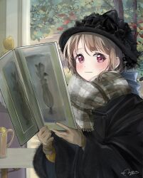 Rule 34 | 1girl, absurdres, beer mug, black coat, black hat, black ribbon, blush, book, brown gloves, brown hair, coat, commentary, cup, fine art parody, fur-trimmed coat, fur trim, gloves, hat, hat ribbon, highres, holding, holding book, leaf, light smile, looking at viewer, love live!, love live! nijigasaki high school idol club, mug, nakasu kasumi, nyako (utaneko31), open book, parody, plaid clothes, plaid scarf, red eyes, ribbon, scarf, short hair, signature, solo, table, three quarter view, tree, upper body, watercolor background
