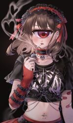 1girl absurdres arm_belt arm_warmers azen_(mntimcczgrtn) bandaid bandaid_on_arm belt black_background black_shirt brown_hair cigarette cyclops ear_piercing hairband hand_up heart-shaped_lock highres lighter long_hair looking_at_viewer monster_girl navel navel_piercing one-eyed original pentagram piercing plug_(piercing) red_eyes red_nails red_ribbon ribbon self-harm shirt short_sleeves single_arm_warmer smoking solo tears wrist_cutting