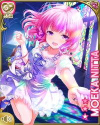 1girl basket bow candle character_name church dress female_focus flower girlfriend_(kari) hand_grab holding indoors laughing nitta_moeka official_art open_mouth pink_bow pink_hair purple_eyes qp:flapper running short_hair smile solo white_bow white_dress window