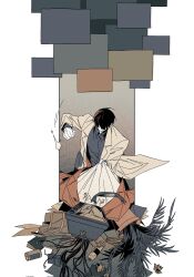 Rule 34 | 1boy, 1other, bag, benkdjjituibot, black hair, black necktie, black shirt, bottle, can, clenched hand, clothes grab, coat, collared shirt, crumpled paper, fern, hair over eyes, highres, imminent punch, inset border, kim dokja, lying, motion lines, necktie, objectification, omniscient reader&#039;s viewpoint, on back, orange coat, outside border, prosthetic head, shirt, short hair, television, white coat, white shirt