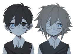 Rule 34 | 2boys, antenna hair, basil (faraway) (omori), basil (omori), black eyes, black hair, black sweater vest, blonde hair, blue eyes, cataracts, closed mouth, collared shirt, eyepatch, green sweater vest, male focus, multiple boys, my loleeta, nervous smile, nervous sweating, omori, scar, scar across eye, scar on face, shirt, simple background, sketch, smile, spoilers, sunny (omori), sweat, sweater vest, white background, white shirt
