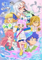 2boys 5girls blonde_hair blue_hair full_body glasses highres kawaii_kotarou kirara_mami multiple_boys multiple_girls nanpa_yuusuke official_art okanega_arisu open_mouth pink_hair puniru_(puniru_wa_kawaii_slime) puniru_wa_kawaii_slime robot_girl runruun_(puniru_wa_kawaii_slime) shoes smile yellow_shoes