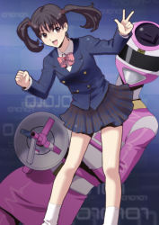 animification black_hair blazer bow brown_eyes denji_sentai_megaranger hair_ornament imamura_miku izumi_rion jacket laughing legs megapink miniskirt plaid_clothes plaid_skirt pleated_skirt ribbon school_uniform tokusatsu skirt smile super_sentai twintails v