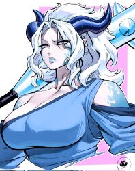 Rule 34 | 1girl, blue horns, blue scales, blue shirt, breasts, club, club (weapon), highres, holding, holding club, holding weapon, horns, initial, jgeorgedrawz, kanabou, large breasts, long hair, looking at viewer, original, pink eyes, pointy ears, shirt, solo, weapon, white hair