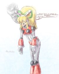 ameerashourdraws antennae armor armored_boots armored_gloves artist_request bikini_armor blonde_hair boots deviantart earphones english_text green_eyes green_ribbon hairband highres hyper_roll_(marvel_vs._capcom) joints long_hair marvel_vs._capcom mechanical_arms mechanical_boots mechanical_legs mega_man_(series) ponytail radio_antenna ribbon robot_girl robot_joints roll_(mega_man) shoulder_armor sidelocks single_mechanical_arm speech_bubble