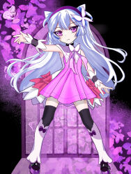 1girl absurdres black_thighhighs boots butterfly_hair_ornament child cone_hair_bun dress full_body hair_bun hair_ornament hairband highres lina_(roco_kingdom) long_hair looking_at_viewer pink_dress purple_eyes roco_kingdom solo the_dark_iceberg thighhighs white_hair