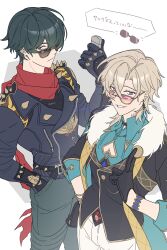 2boys absurdres aventurine_(honkai:_star_rail) belt black_gloves black_hair black_jacket blonde_hair blue_shirt closed_mouth clothing_cutout crossed_bangs earrings gloves green_eyes grin hair_between_eyes hair_over_one_eye hand_in_pocket hand_on_own_hip heart_cutout highres holding holding_lighter honkai:_star_rail honkai_(series) jacket jewelry lighter lighter_(zenless_zone_zero) long_sleeves looking_at_viewer male_focus mihoyo multiple_boys musou_(asatomjj) neck_tattoo pants purple_eyes red_scarf scarf shirt simple_background single_earring smile spiked_jacket sunglasses tattoo torn_clothes torn_scarf twitter_username white_background white_pants zenless_zone_zero