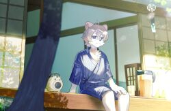 1boy aizawa_(nh_st) blue_eyes blue_kimono body_fur commentary_request dappled_sunlight feet_out_of_frame furry furry_male grey_hair highres japanese_clothes kimono lion_boy male_focus original outdoors short_hair sitting solo sunlight tree white_fur