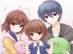 Rule 34 | 1boy, 2girls, antenna hair, artist name, brown eyes, brown hair, clannad, closed mouth, collarbone, commentary request, dango daikazoku, drsn, eyelashes, family, furukawa nagisa, hair between eyes, holding, looking at viewer, multiple girls, okazaki tomoya, okazaki ushio, open mouth, petals, short hair, smile, white background