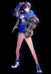 1boy black_background blue_hair blue_jacket blue_shirt closed_mouth futaba_tomoe futsal_boys green_eyes jacket looking_at_viewer pink_shorts pose_imitation shirt short_hair shorts