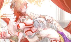 Rule 34 | 2boys, alicezyanne, alternate costume, antenna hair, arm tattoo, armlet, blonde hair, blue eyes, braid, chest tattoo, cup, facial tattoo, gold necklace, gold ring, gradient hair, greco-roman clothes, hair between eyes, hashtag-only commentary, highres, holding, holding cup, honkai: star rail, honkai (series), hug, jewelry, laurel crown, male focus, medium hair, multicolored hair, multiple boys, mydei (honkai: star rail), necklace, phainon (honkai: star rail), red hair, red tattoo, short hair, side braid, tattoo, twitter username, white hair, yaoi, yellow eyes
