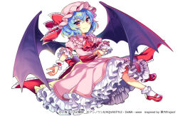 Rule 34 | 1girl, ascot, bat wings, blue hair, bobby socks, bow, collared shirt, commentary request, copyright notice, frilled shirt collar, frills, full body, hat, hat bow, kurisu toshi, looking at viewer, mary janes, mob cap, outstretched arm, pink hat, pink shirt, pink skirt, puffy short sleeves, puffy sleeves, red ascot, red bow, red eyes, red shoes, remilia scarlet, shirt, shoes, short hair, short sleeves, simple background, skirt, smile, socks, solo, touhou, touhou danmaku kagura, white background, wings, wrist cuffs