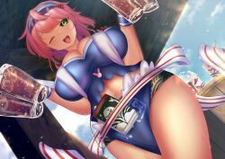 Rule 34 | 1girl, ahoge, alternate costume, animal print, blue headwear, blue panties, blush, breasts, cleavage, commentary request, cup, drinking glass, dutch angle, fish print, green eyes, holding glass, huge breasts, looking at viewer, okunoda miyoi, okunoda miyoi (waitress of beach house kourindou), one eye closed, open mouth, panties, pink hair, short hair, shounen (hogehoge), solo, teeth, touhou, touhou lostword, underwear, upper teeth only, variant set, whale print