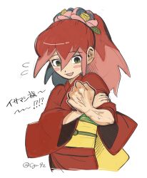 1girl artist_name blush_stickers cgr9z clenched_hand flower green_eyes grey_background hair_flower hair_ornament highres japanese_clothes kimono long_hair open_mouth pink_flower red_hair red_kimono simple_background solo translation_request tsubakihime_(youkai_watch) veins veiny_arms youkai_(youkai_watch) youkai_watch