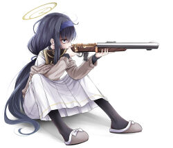 1girl black_hair black_pantyhose blue_archive bolt_action de_lisle_carbine gun hairband halo highres holding holding_gun holding_weapon knees_up kurona long_hair pantyhose purple_hairband rifle simple_background skirt slippers solo suppressor ui_(blue_archive) weapon white_background white_skirt yellow_halo