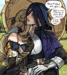 Rule 34 | 2girls, arm around neck, assisted exposure, blonde hair, blue hair, buttons, capelet, clorinde (genshin impact), closed eyes, day, detached collar, detached sleeves, djang0art, dress, english text, genshin impact, gloves, hair between eyes, hand on another&#039;s shoulder, hand on another&#039;s thigh, highres, hug, kiss, kissing neck, lips, lipstick, lipstick mark, long hair, long hair between eyes, makeup, multicolored hair, multiple girls, navia (genshin impact), no headwear, open mouth, outdoors, parasol, partially unbuttoned, shirt, sitting, sitting on lap, sitting on person, strapless, strapless dress, two-tone hair, umbrella, very long hair, yuri