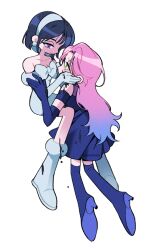 2girls alien_stage artist_name black_blood black_boots black_dress black_gloves black_hair blood blue_hair boots bow chest_bow commentary dress dress_bow earrings elbow_gloves gloves hairband hashtag-only_commentary jewelry long_hair mizi_(alien_stage) multicolored_hair multiple_girls nunamna pearl_earrings pink_hair purple_eyes short_hair simple_background sphere_earrings sua_(alien_stage) thigh_boots two-tone_hair very_long_hair white_background white_boots white_bow white_dress white_gloves white_hairband yellow_eyes