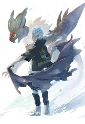 1boy closed_mouth commentary_request drayton_(pokemon) gen_6_pokemon highres holding holding_poke_ball jacket male_focus nintendo noivern pants poke_ball poke_ball_(basic) pokemon pokemon_(creature) pokemon_sv print_jacket ringorowasabi shirt short_sleeves snow standing white_footwear white_hair white_shirt yellow_eyes