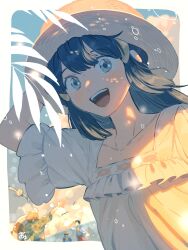 1girl 2boys :d arm_up barry_(pokemon) black_hair collarbone commentary_request dawn_(pokemon) day frills gen_3_pokemon gen_4_pokemon grey_eyes hair_ornament hairclip happy hat highres long_hair lucas_(pokemon) multiple_boys nintendo official_alternate_costume omyo_(myomyomyo22) open_mouth outdoors pokemon pokemon_(creature) pokemon_bdsp prinplup shirt short_sleeves signature smile solo_focus teeth upper_teeth_only white_shirt wingull