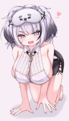 Rule 34 | 1girl, all fours, armpit crease, azur lane, bare shoulders, barefoot, black hair, black skirt, breasts, cleavage, collared shirt, eye mask, fang, gradient hair, grey eyes, heart, highres, huge breasts, kuranaryuu, looking at viewer, mask, mask on head, multicolored hair, official alternate costume, pink nails, shirt, short hair, skin fang, skirt, sleeveless, sleeveless shirt, solo, toes, white hair, white shirt, z13 (azur lane), z13 (strategic date solution) (azur lane)