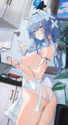 1girl absurdres alternate_costume apron armlet armpit_crease ass bare_shoulders blue_hair blue_nails blue_sky blush breasts colored_eyelashes commentary cooking cowboy_shot day fingernails from_side hair_between_eyes hair_intakes highres holding indoors jewelry k.j. kitchen large_breasts leotard long_hair looking_at_viewer looking_to_the_side mamezara nail_polish parted_lips plate purple_eyes shorekeeper_(wuthering_waves) sideboob sky smile solo thighs white_leotard window wuthering_waves
