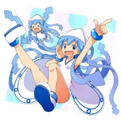 1girl arm_up blue_eyes blue_hair bracelet commentary_request dress hat ikamusume index_finger_raised jewelry kappamaki_tarou long_hair mini_person minigirl open_mouth shinryaku!_ikamusume shoe_soles shouting tentacle_hair white_background white_dress white_footwear white_hat
