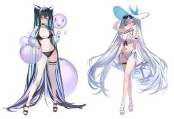 2girls absurdly_long_hair absurdres alternate_costume andamiro aqua_hair bikini black_bikini black_choker black_hair black_sandals blue_flower breasts bubble choker cinderella_(nikke) closed_mouth collarbone colored_inner_hair eyewear_on_head flower full_body goddess_of_victory:_nikke hair_between_eyes hair_over_one_eye hat hat_flower high_heels highres jacket large_breasts large_hat little_mermaid_(nikke) long_hair looking_at_viewer multi-strapped_bikini_bottom multi-strapped_bikini_top multicolored_hair multiple_girls navel o-ring o-ring_bikini open_clothes open_jacket red_eyes sandals simple_background smile sun_hat swimsuit thigh_strap twintails v very_long_hair white_background white_bikini white_hair white_sandals yellow_eyes