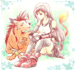 1boy 1girl 3mame_000_185 animal bare_shoulders black_bra black_shorts black_skirt black_thighhighs bra breasts brown_hair crop_top earrings elbow_gloves elbow_pads facial_mark feather_hair_ornament feathers final_fantasy final_fantasy_vii final_fantasy_vii_remake fingerless_gloves flame-tipped_tail full_body gloves hair_ornament hugging_own_legs jewelry large_breasts long_hair looking_at_another low-tied_long_hair midriff orange_fur red_eyes red_footwear red_hair red_xiii scar scar_across_eye scar_on_face shirt shorts shorts_under_skirt skirt sleeveless sleeveless_shirt sports_bra square_enix suspenders thighhighs tifa_lockhart underwear white_shirt