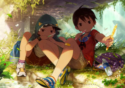 2boys ant backpack bag bandaid bandaid_on_knee bandaid_on_leg baseball_cap beetle black_shorts bottle brand_name_imitation bridge brown_eyes brown_hair bug butterfly caustics clover commentary_request day feet goggles goggles_around_neck hat holding hood hood_up incoming_food insect ladybug leaf male_focus multiple_boys noeyebrow_(mauve) original outdoors plant praying_mantis red_shirt sandals shade shirt shoes short_sleeves shorts silk sitting sneakers spider spider_web summer t-shirt tan tanline unworn_backpack unworn_bag water water_bottle wristband