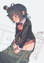 1girl absurdres alternate_costume black_hair black_hat black_jacket blush bow bowtie coattails detached_collar embarrassed green_eyes green_hakama hakama hat highres jacket japanese_clothes kantai_collection leotard matsukaze_(kancolle) mini_hat mini_top_hat nose_blush red_bow red_leotard shiawase_hougan short_hair side-tie_leotard solo strapless strapless_leotard top_hat tuxedo_jacket undressing wrist_cuffs