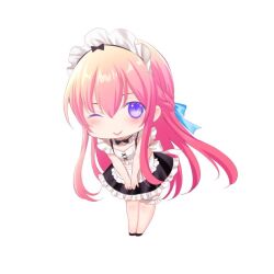 Rule 34 | 1girl, apron, bikini, black shoes, black skirt, blue ribbon, blush, bowing, closed mouth, commentary request, frilled bikini, frilled thigh strap, frills, full body, hair ribbon, leaning forward, long hair, looking at viewer, maid, maid apron, maid bikini, maid headdress, makuzawa ouka, megami no cafe terrace, official art, one eye closed, pink hair, purple eyes, ribbon, seo kouji, shoes, simple background, skirt, solo, standing, swimsuit, thigh strap, unconventional maid, waist apron, white apron, white background, white bikini