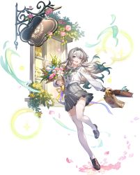 1girl bag black_hairband bouquet bow breasts brown_shoes colored_tips falling_petals firefly_(honkai:_star_rail) firefly_(spring_missive)_(honkai:_star_rail) flower game_cg gradient_hair green_bow green_hair grey_hair grey_sailor_collar grey_skirt hairband highres holding holding_bag holding_bouquet honkai:_star_rail honkai_(series) long_hair long_sleeves medium_breasts miniskirt multicolored_hair non-web_source official_art open_mouth paper_bag penny_loafers petals sailor_collar sam_(honkai:_star_rail) school_uniform serafuku shoes sign skirt smile solo teeth thighhighs transparent_background upper_teeth_only white_thighhighs window zettai_ryouiki