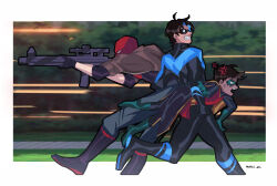 3boys anger_vein artist_name batman_(series) black_bodysuit black_hair blurry blurry_background bodysuit brothers brown_jacket buddy_daddies carrying carrying_under_arm child clenched_teeth dc_comics dick_grayson domino_mask fleeing gun highres jacket male_focus mask multiple_boys nightwing one_armed_carry parody red_hood_(dc) robin_(dc) scene_reference shell_casing siblings superhero_costume teeth weapon