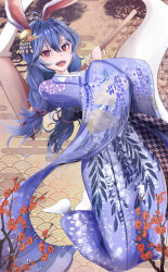 1girl :d animal_ears bamboo_print blue_hair blue_kimono braid commentary_request dango floppy_ears floral_print flower food full_body hair_between_eyes hair_ornament hair_ribbon highres japanese_clothes jumping kimono kine long_hair mallet niradama_(nira2ratama) obi open_mouth print_kimono rabbit_ears rabbit_girl red_eyes ribbon sash seiran_(touhou) sidelocks smile tabi teeth touhou twin_braids wagashi wide_sleeves