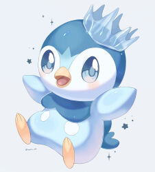 Rule 34 | animal focus, artist name, bird, blue background, blue eyes, commentary request, crown, gen 4 pokemon, highres, iwasi 29, nintendo, no humans, open mouth, penguin, piplup, pokemon, pokemon (creature), simple background, sitting, sparkle, star (symbol), twitter username
