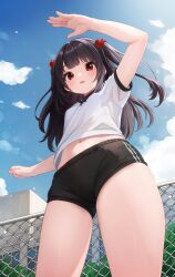 1girl absurdres arm_up black_buruma black_hair blue_sky breasts buruma chain-link_fence cloud commentary comodox day english_commentary fence foreshortening from_below gym_uniform hair_bobbles hair_ornament highres long_hair lulla_(comodox) navel open_mouth original outdoors paid_reward_available red_eyes shirt short_sleeves sky small_breasts solo two_side_up variant_set white_shirt