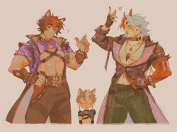 3boys ? abs alternate_costume animal_ears arataki_itto black_choker black_jacket black_nails blush carlozw chest_strap chest_tattoo choker closed_eyes closed_mouth colored_inner_hair commentary cosplay costume_switch crossover dog_ears ear_piercing earrings english_commentary facial_tattoo fingerless_gloves genshin_impact gloves gorou_(genshin_impact) green_pants heart highres horns jacket jewelry komano_manato looking_at_another male_focus male_pubic_hair multicolored_hair multiple_boys muscular muscular_male navel_hair neck_tattoo necklace open_clothes open_jacket open_mouth pants pectoral_cleavage pectorals piercing pubic_hair red_hair red_horns red_tattoo shirt short_hair tattoo white_hair white_shirt zenless_zone_zero