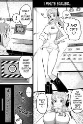 1girl absurdres breasts button greyscale hands_on_own_hips hato_hato_hato headphones highres large_breasts leotard long_hair monochrome nami_(one_piece) nami_(one_piece)_(egghead) one_piece thighs