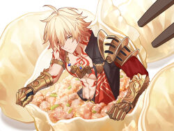 Rule 34 | 1boy, abs, ahoge, arm tattoo, armlet, armor, armored gloves, belt, black coat, blonde hair, braid, chest tattoo, chinese commentary, chopsticks, coat, commentary request, dabeizhuanghuangmenjimifan, dumpling, earrings, facial tattoo, food, gold earrings, gold necklace, gradient hair, hair between eyes, highres, honkai: star rail, honkai (series), jewelry, male focus, medium hair, miniature, multicolored hair, mydei (honkai: star rail), necklace, on food, open clothes, open coat, orange eyes, pauldrons, red hair, red tattoo, shoulder armor, side braid, single pauldron, sitting on food, solo, tattoo, toned, toned male