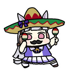 Rule 34 | 1girl, animal ears, blunt bangs, bow, bowtie, chibi, commentary, ears through headwear, esso crumb cat (meme), fake facial hair, fake mustache, gold ship (umamusume), grey hair, hat, hat bow, holding, holding instrument, holding maracas, horse ears, horse girl, horse tail, horseshoe ornament, instrument, jazz jack, long hair, looking at viewer, lowres, maracas, meme, pink eyes, pleated skirt, purple bow, purple bowtie, purple shirt, sailor collar, sailor shirt, school uniform, shirt, simple background, skirt, solo, sombrero, tail, tracen school uniform, umamusume, white background, white skirt
