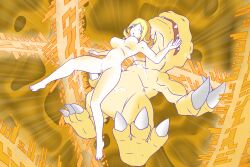 1boy 1girl agumon alternate_universe barefoot biomerge breasts claws closed_eyes commission completely_nude digimon digimon_(creature) digimon_adventure electricity energy full_body fusion henshin large_breasts lizard matrix_evolution mature_female nude open_mouth outstretched_arms pussy transformation truth twitter_username yagami_yuuko