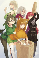5girls :d ^_^ animal_ears bag beige_background between_breasts black-framed_eyewear black_legwear breasts brown_hair cat_ears cat_tail chewing closed_eyes coat collar collarbone colored_eyelashes eating empty_eyes fang food fringe_trim fur_trim glasses gram_(muneneko) grey_hair grey_scarf hair_ornament hairclip haruka_(muneneko) highres holding holding_weapon huge_breasts kine kisame_(muneneko) large_breasts leaning_forward long_hair long_sleeves looking_at_another looking_at_viewer mallet mochi mochitsuki mortar_(bowl) multiple_girls muneneko nengajou new_year open_mouth orange_shirt original pants pantyhose parted_lips red-framed_eyewear red_eyes red_hair red_scarf ribbed_sweater scarf schwarzschild_(muneneko) shaded_face shirt shorts shoulder_bag simple_background sleeveless smile standing strap_slip suika_(muneneko) sweat sweater swept_bangs tail thighhighs turtleneck v-neck very_long_hair wagashi weapon white_legwear wood