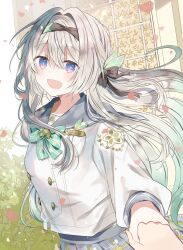 1girl amai_kouri black_hairband blush bow breasts checkered_bow checkered_clothes checkered_skirt collarbone firefly_(honkai:_star_rail) firefly_(spring_missive)_(honkai:_star_rail) gradient_hair green_bow grey_skirt hair_between_eyes hair_intakes hair_ornament hairband highres holding holding_hands honkai:_star_rail honkai_(series) long_hair long_sleeves looking_at_viewer medium_breasts multicolored_hair official_alternate_costume open_mouth pink_hair school_uniform shirt skirt smile solo white_shirt